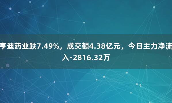 亨迪药业跌7.49%，成交额4.38亿元，今日主力净流入-2816.32万