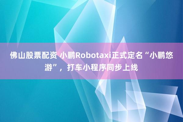 佛山股票配资 小鹏Robotaxi正式定名“小鹏悠游”，打车小程序同步上线